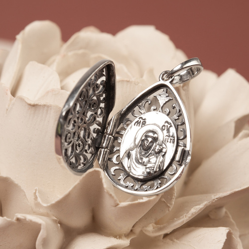 Образок (медальон) "Казанская Божия Матерь" нательный полый, "капелька", чернение 181-0076 фото 2