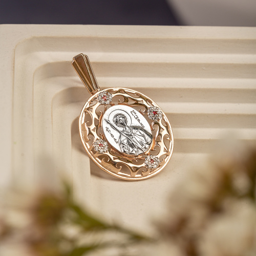 Серебряный образок (медальон) с позолотой, с ликом великомученика Георгия Победоносца 181-0001, родирование, с фианитами фото 2