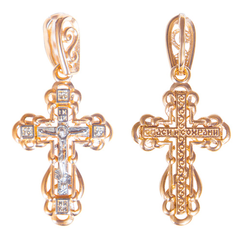 Позолоченный нательный крестик из серебра 181-0032, родирование