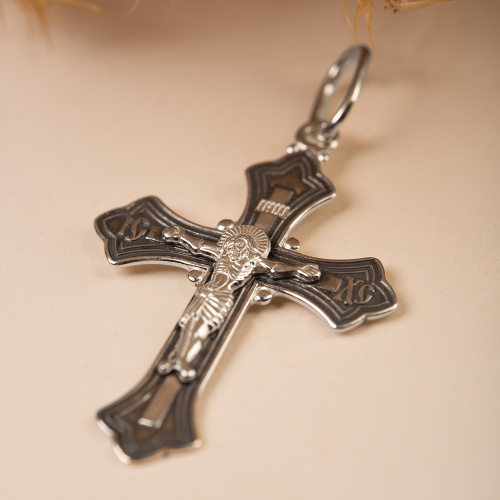Нательный крестик серебряный 19-0010, штамп, частичное чернение фото 2