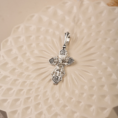 Нательный крестик серебряный 19-0047, литье, частичное чернение фото 2