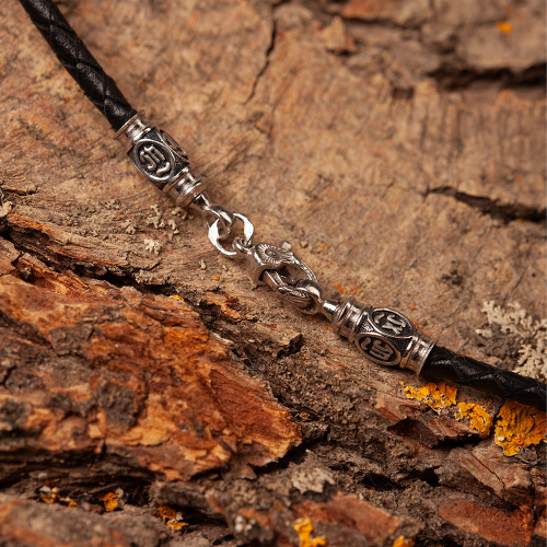 Гайтан кожаный с серебряным замком 4-0003, чернение фото 3