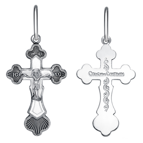 Нательный крестик серебряный 19-0045, штамп, частичное чернение