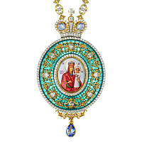 Панагия серебряная с финифтьевым образом в позолоте с камнями, 29-0266