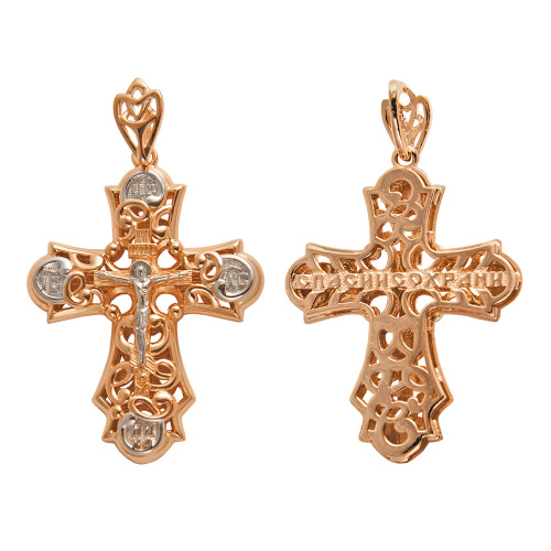 Позолоченный нательный крестик из серебра 181-0014, двусторонний, родирование