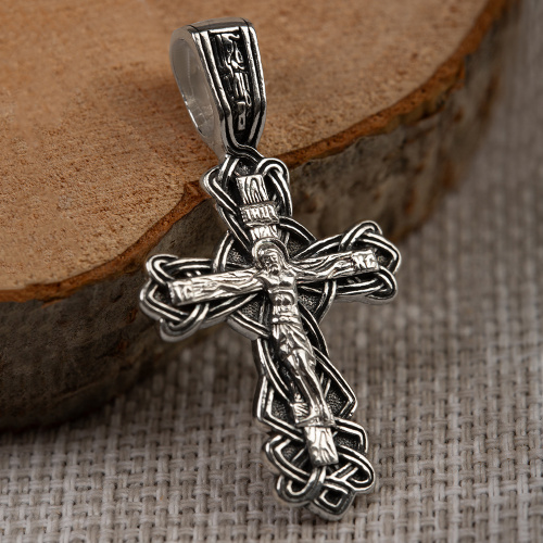 Нательный крестик серебряный 19-0054, литье, частичное чернение фото 2