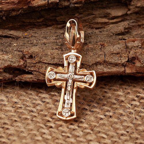 Позолоченный нательный крестик из серебра №10, родирование 181-0033 фото 3