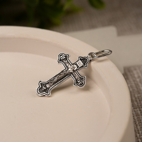 Нательный крестик серебряный 19-0046, литье, частичное чернение фото 3