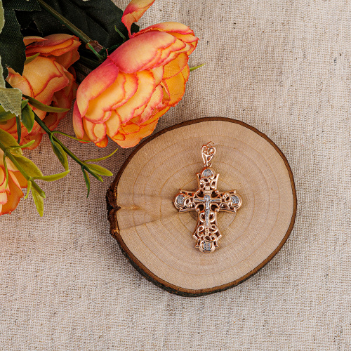 Позолоченный нательный крестик из серебра 181-0014, двусторонний, родирование фото 3