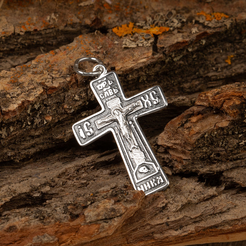 Нательный крестик серебряный 19-0003, штамп, частичное чернение фото 4