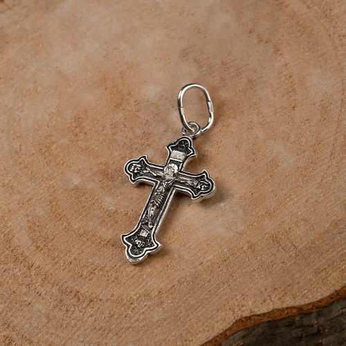 Нательный крестик серебряный 19-0046, литье, частичное чернение фото 2