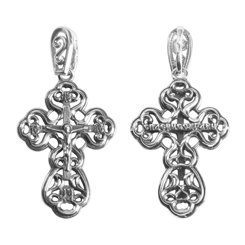 Нательный крестик серебряный 181-0048, двусторонний, чернение фото 3