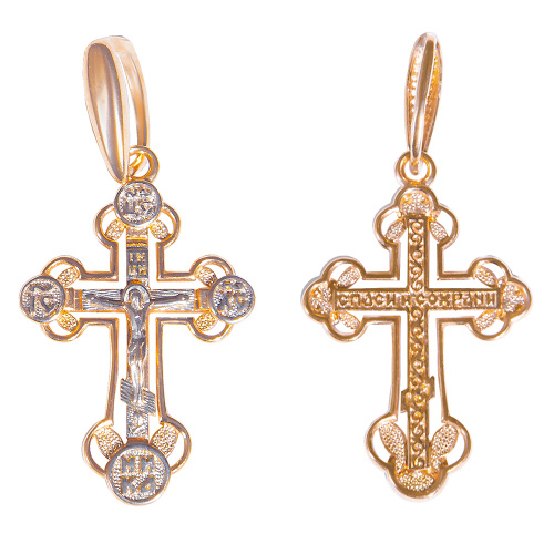 Позолоченный нательный крестик из серебра 181-0029, родирование