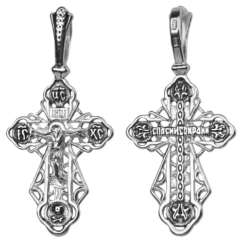 Нательный крестик серебряный 19-0047, литье, частичное чернение