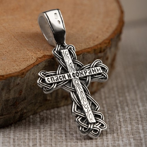 Нательный крестик серебряный 19-0054, литье, частичное чернение фото 3